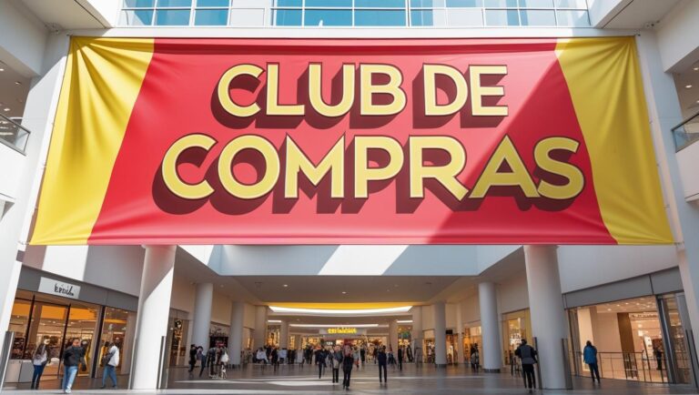 hacer una foto de un shopping y un banner que diga en grande _CLUB DE COMPRAS_ EN ESPAÑOL